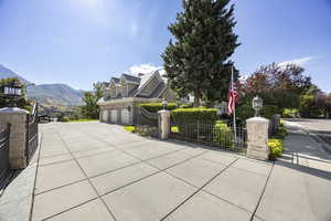 Exterior space with a mountain view and a garage