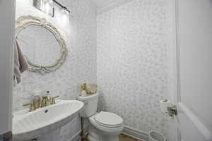 Bathroom with toilet, sink, and ornamental molding