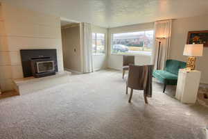 Living area featuring a textured ceiling, light carpet, and a wood stove