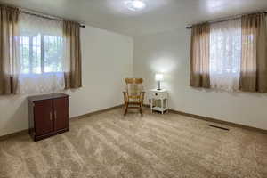 Living area with light carpet