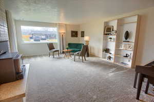 Living area featuring a textured ceiling and light carpet