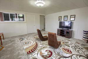 Living room with light colored carpet