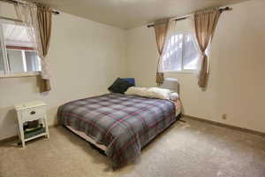 Bedroom with light colored carpet