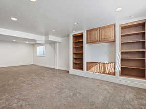 Interior space featuring built in features, carpet flooring, and a textured ceiling