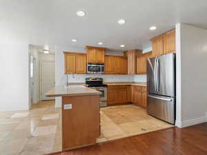 Kitchen with light hardwood / wood-style flooring, stainless steel appliances, and sink