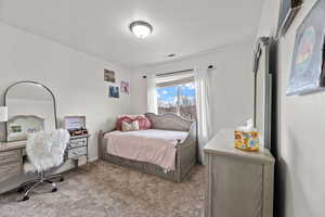 Bedroom with light colored carpet