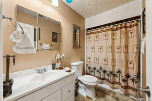 Bathroom with toilet, vanity, curtained shower, and a textured ceiling