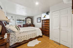 Bedroom featuring light wood-type flooring and a closet