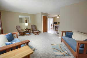 Living room featuring ceiling fan, carpet floors, and a textured ceiling