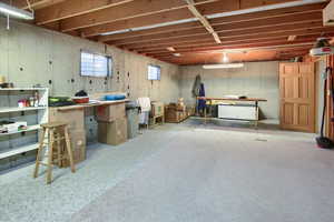 Basement with a workshop area