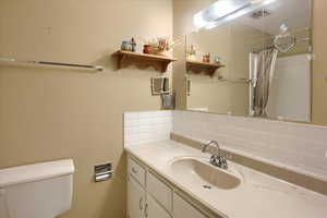 Bathroom with toilet, vanity, tasteful backsplash, and a shower with shower curtain