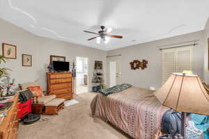 Carpeted bedroom with ensuite bathroom and ceiling fan