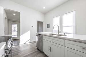 Kitchen with hardwood / wood-style floors, electric panel, sink, stainless steel dishwasher, and white cabinets