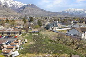 Aerial perspective of suburban area featuring mountains