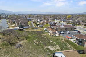 Aerial perspective of suburban area with mountains