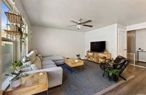 Living room featuring a textured ceiling, ceiling fan, and dark hardwood / wood-style floors