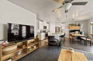 Living room featuring ceiling fan, dark hardwood / wood-style floors, and a textured ceiling