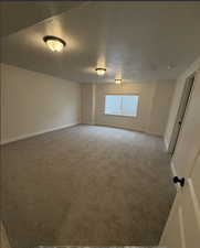 Carpeted empty room with a textured ceiling