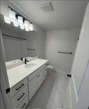 Bathroom with toilet, vanity, a textured ceiling, and a shower