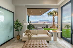 Living area featuring a mountain view