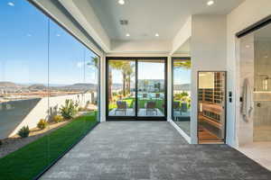 Interior space featuring a mountain view