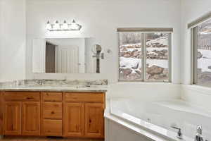 Bathroom featuring a bathing tub and vanity