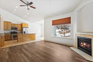 Kitchen with a fireplace, appliances with stainless steel finishes, a kitchen island with sink, and light hardwood / wood-style floors