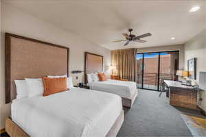 Bedroom featuring ceiling fan, carpet flooring, and access to outside