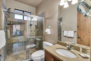 Bathroom featuring vanity, a shower with door, and toilet