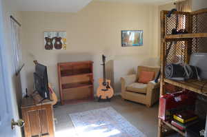 Sitting room featuring light colored carpet