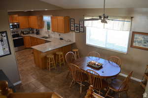 Kitchen with tasteful backsplash, stainless steel appliances, a breakfast bar, sink, and kitchen peninsula