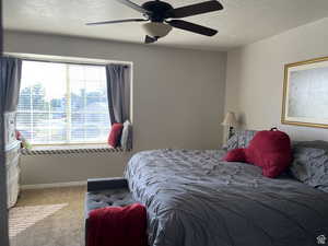 Carpeted bedroom with a textured ceiling and ceiling fan