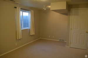 Spare room with carpet flooring and a textured ceiling