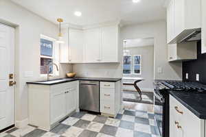 Kitchen featuring a wealth of natural light, gas stove, sink, white cabinetry, and stainless steel dishwasher