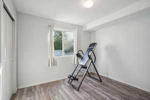 Exercise room featuring light hardwood / wood-style floors and a textured ceiling