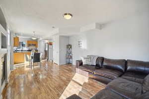 Living room featuring light hardwood / wood-style floors and a textured ceiling