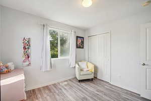 Sitting room with light hardwood / wood-style floors