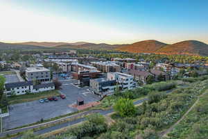 Aerial view at dusk with a mountain view