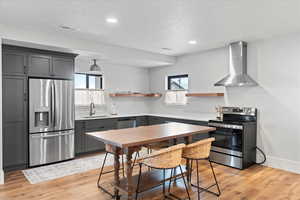 Kitchen featuring appliances with stainless steel finishes, sink, light wood-type flooring, gray cabinetry, and wall chimney range hood