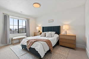 Carpeted bedroom with a textured ceiling