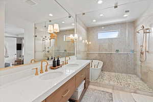 Primary Bathroom with vanity and shower with separate bathtub