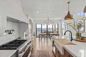 Kitchen featuring hardwood / wood-style flooring, sink, light stone counters, and decorative light fixtures