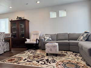 Living room featuring dark hardwood / wood-style flooring and a textured ceiling