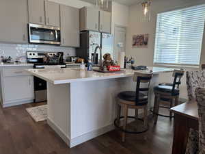 Kitchen featuring tasteful backsplash, stainless steel appliances, a kitchen island with sink, and hanging light fixtures