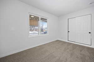 Unfurnished room featuring carpet and wooden walls