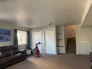 Interior space with a textured ceiling and carpet flooring