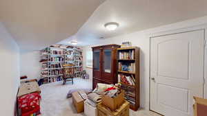 Living area with a textured ceiling and light colored carpet