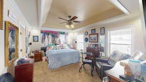 Bedroom featuring carpet, a tray ceiling, a textured ceiling, and crown molding