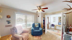 Living area featuring heating unit, ceiling fan, carpet floors, and ornamental molding