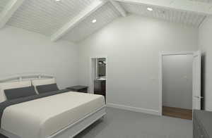 Bedroom featuring carpet, high vaulted ceiling, and beam ceiling